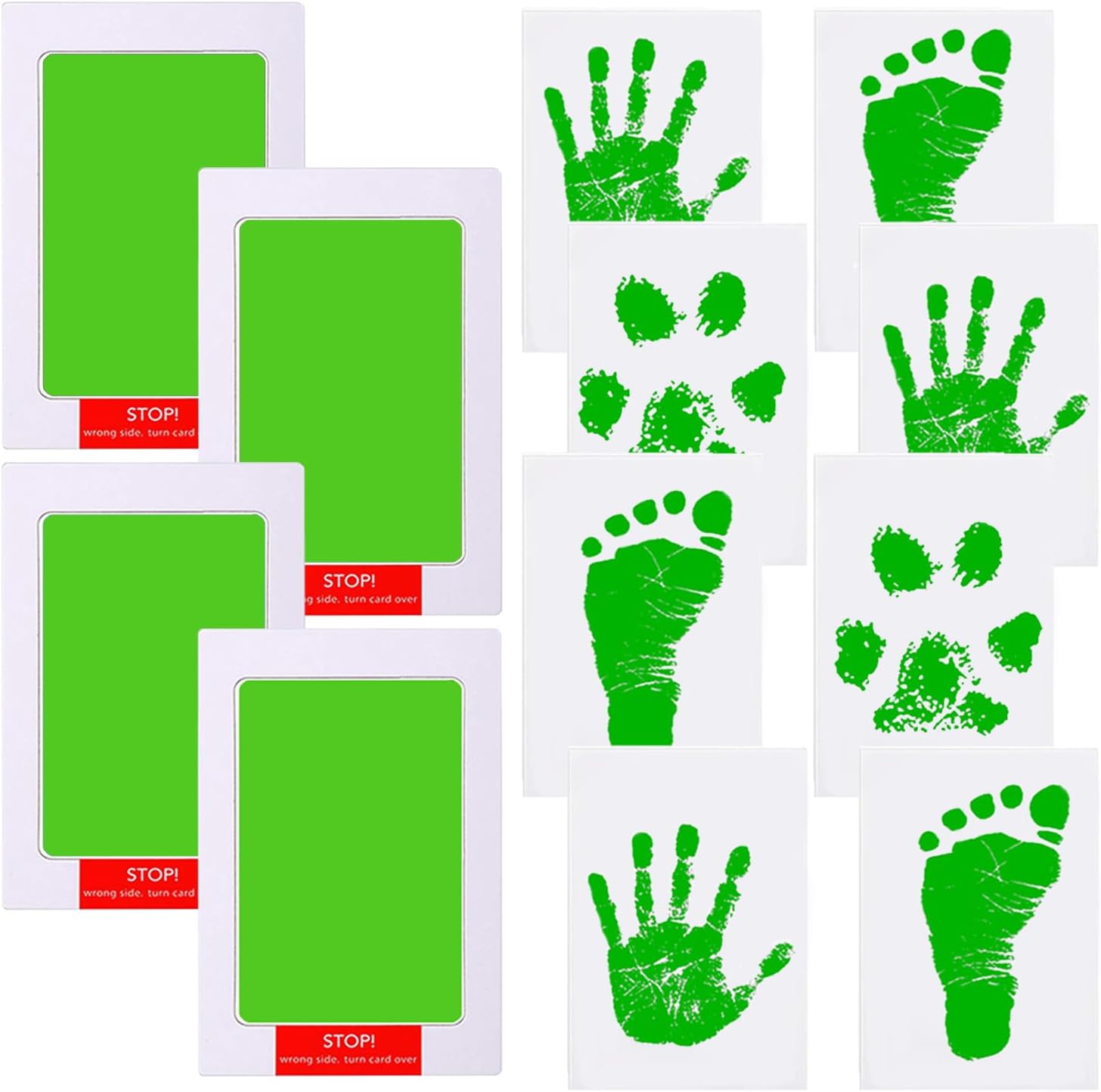 LelonHo inkless hand and footprint kit front view featuring green clean touch ink pads and white imprint cards.
