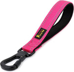 Plutus Pet 10 Inch Short Dog Leash pink front view showing locking carabiner clip.