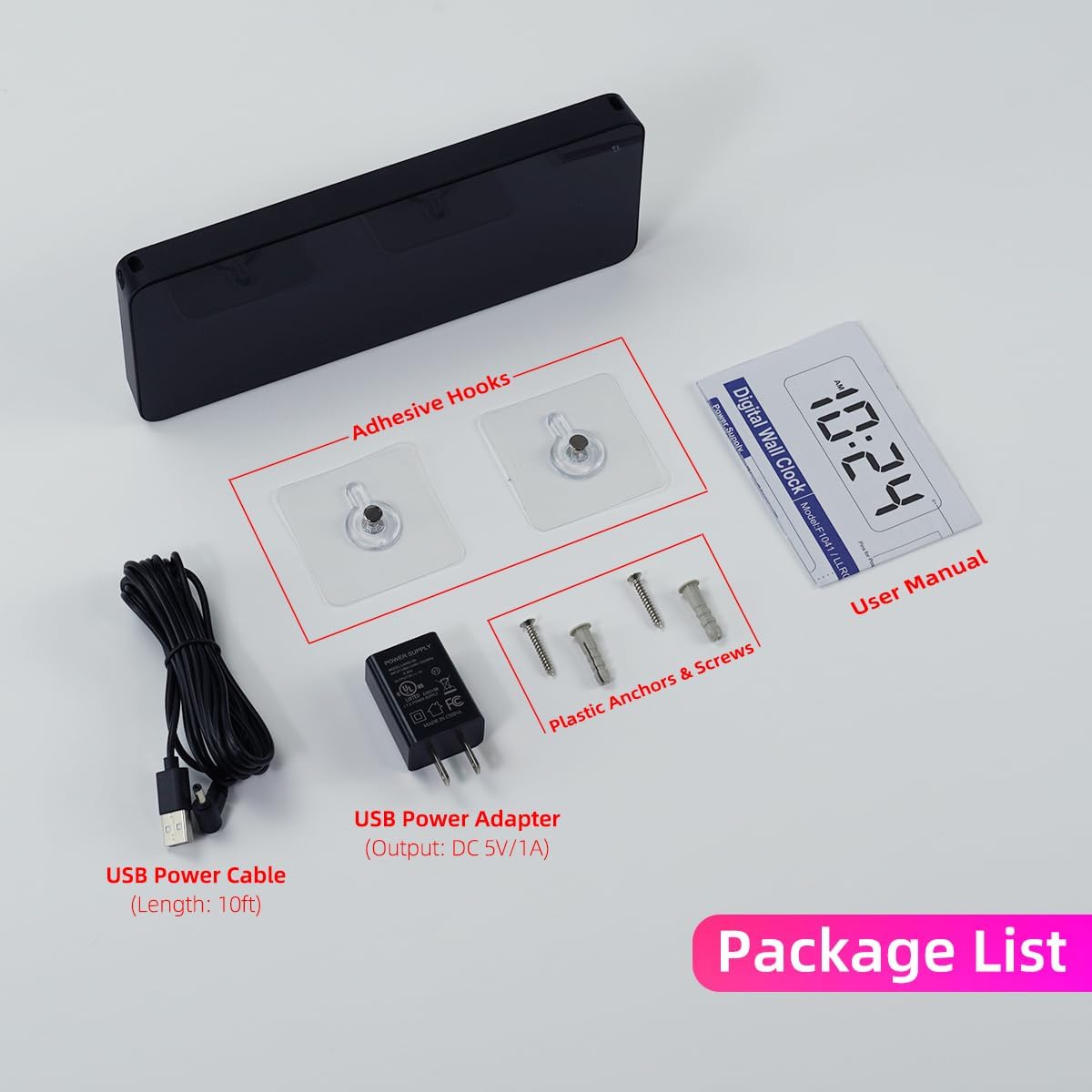 Xuanzit digital wall clock back panel showing positioning pins and USB cable