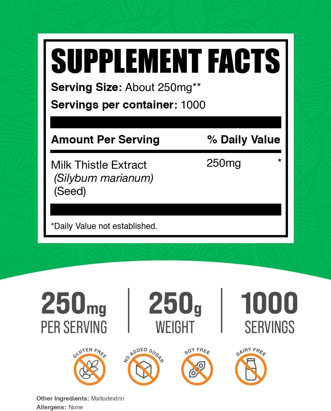 BulkSupplements pure milk thistle powder nutritional information label