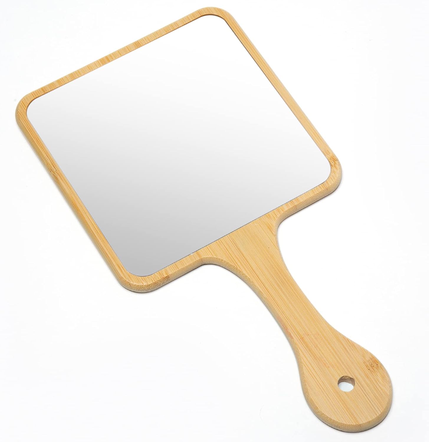 Jasefa handheld mirror front view showcasing the clear glass surface and natural bamboo frame