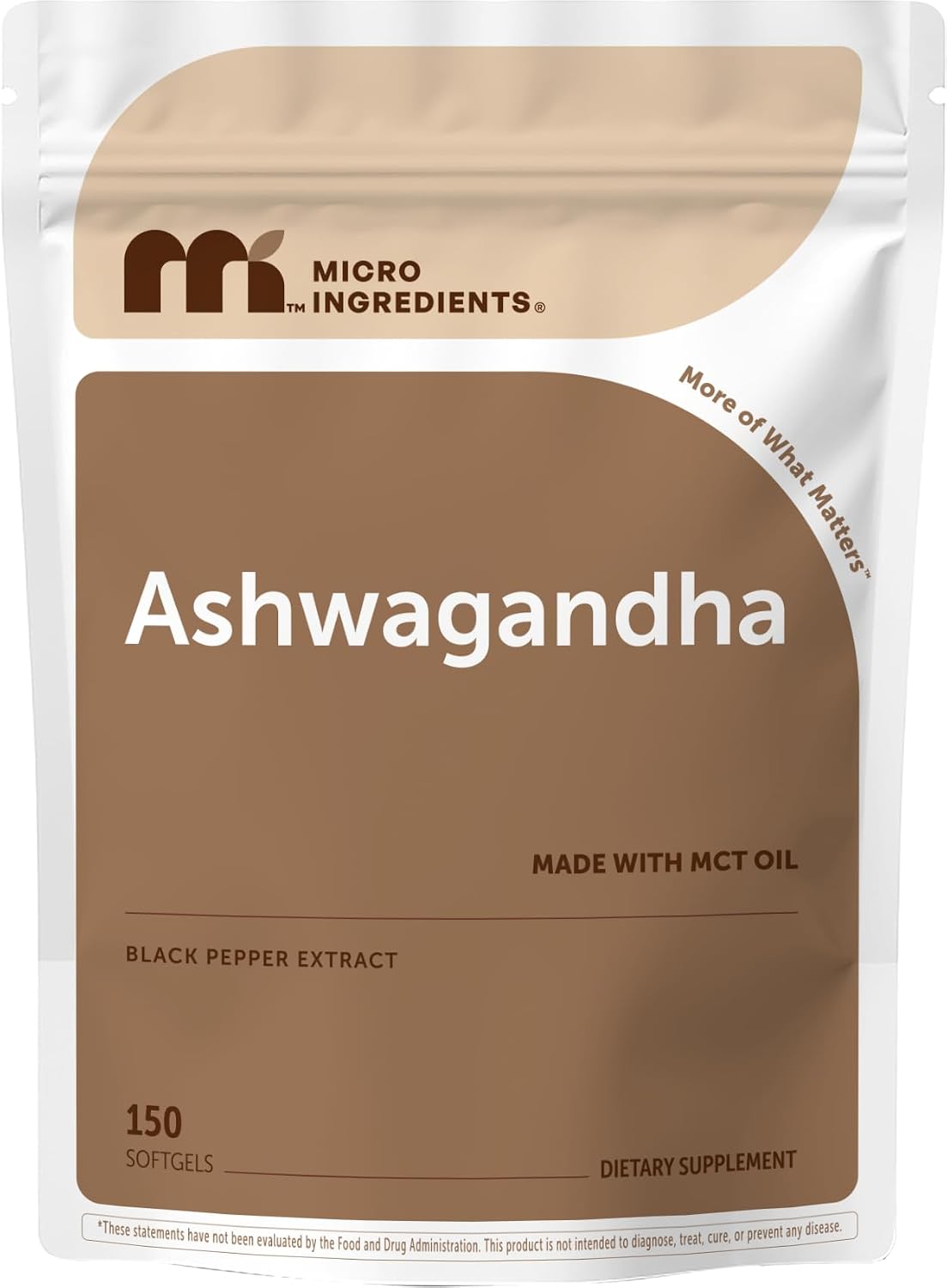 Micro Ingredients ashwagandha supplement front pouch view high potency softgels