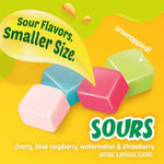 Unwrapped bite-sized sour fruit chews scattered next to the original packaging.