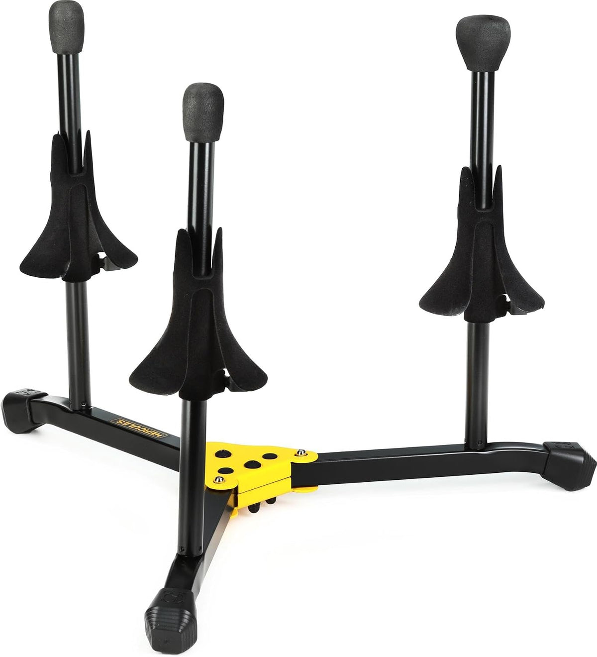 Hercules DS513BB triple trumpet and flugelhorn stand front view displaying velvet pegs and swivel legs