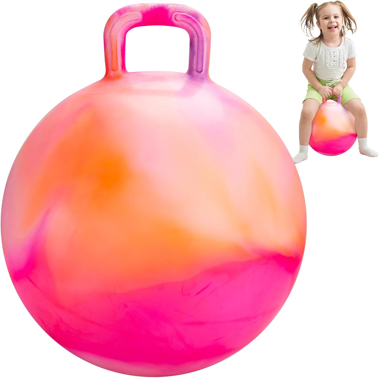 INPODAK hopper ball 18 inch front view showing orange and purple colorway with built-in grip handle