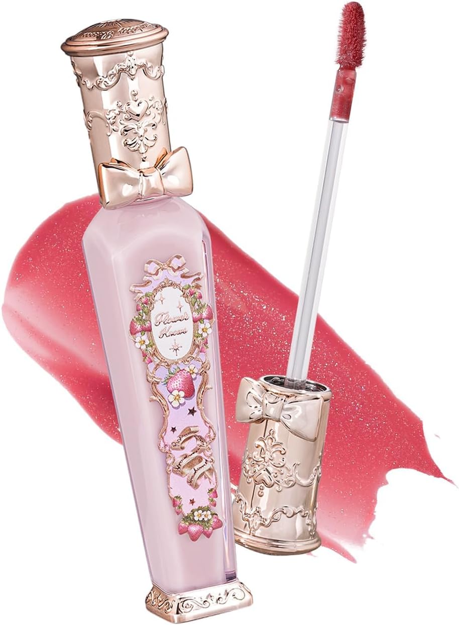 Flower Knows Violet Strawberry Rococo Glowy Lip Gloss front view in luxury packaging
