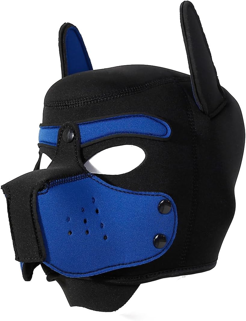 Womalen adults neoprene puppy hood mask front view featuring the striking blue and black design.