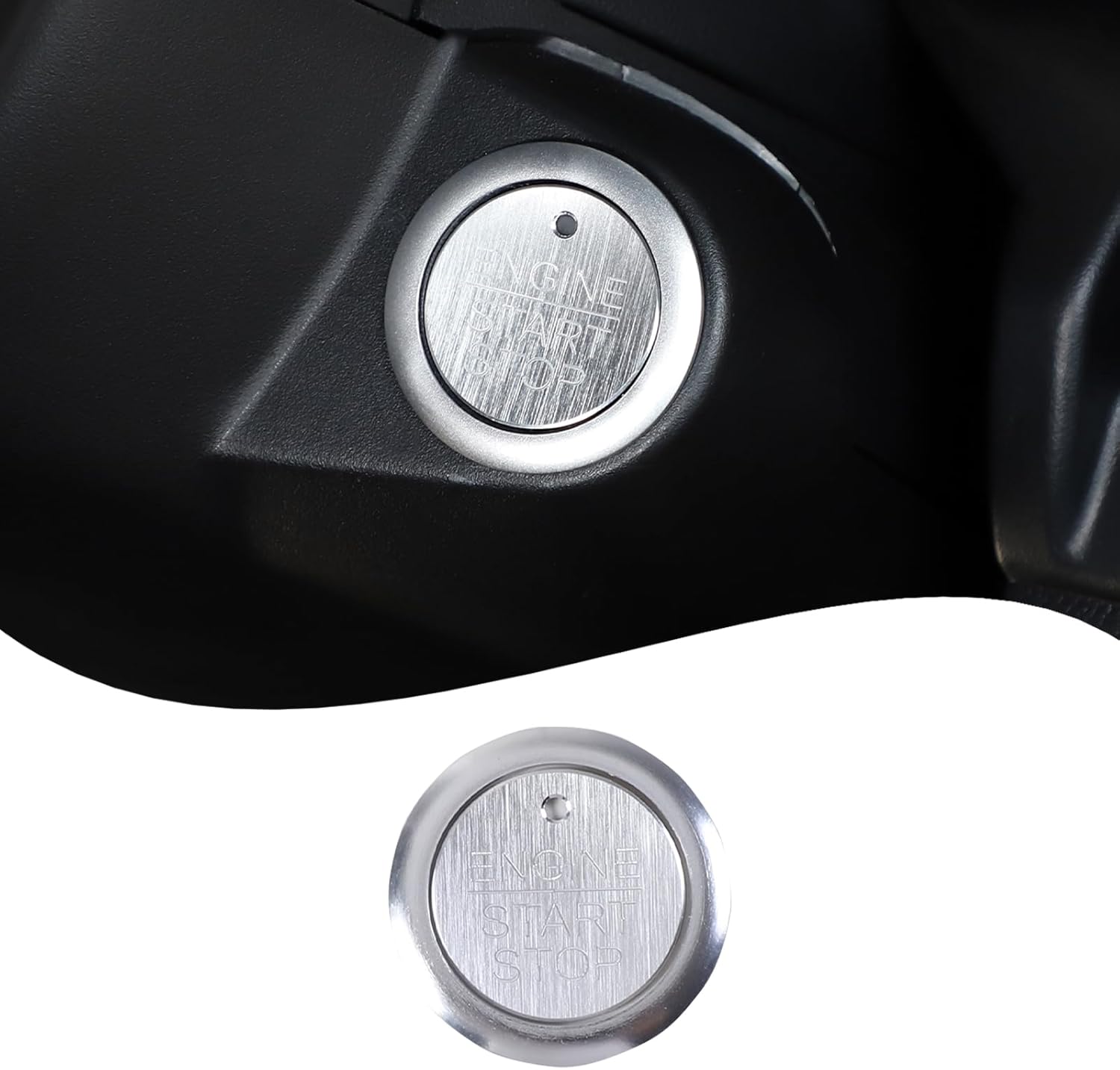 Tecledsn aluminum car engine start stop push button cover silver front view on dashboard.