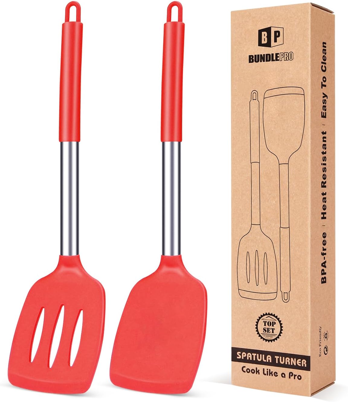 Pack of 2 Silicone Solid Turner, Non Stick Slotted Kitchen Spatulas, High Heat Resistant BPA Free Cooking Utensils, Ideal Cookware for Fish, Eggs, Pancakes(Stainless Steel Khaki) - Image 14