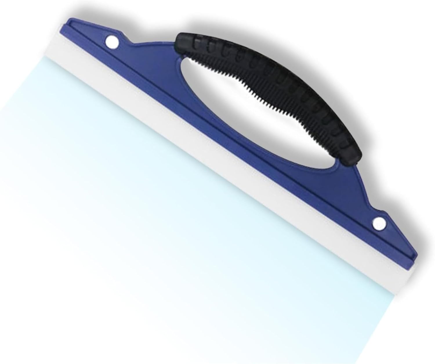Fogfar Professional Grade Silicone Windshield Squeegee front view showing the blue ergonomic D-shaped handle and twelve inch white silicone blade.