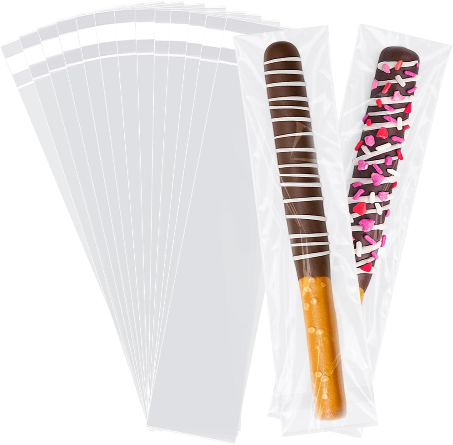 WIKDAY Self Sealing Cellophane Pretzel Rod Bags front view showing clear plastic packaging sleeves