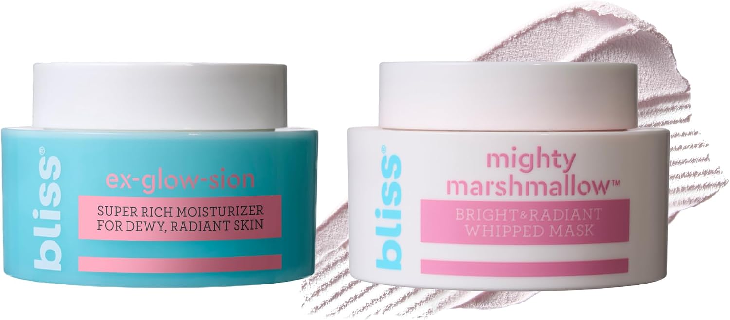 Bliss Ex-Glow-Sion moisturizer and Mighty Marshmallow mask set front view