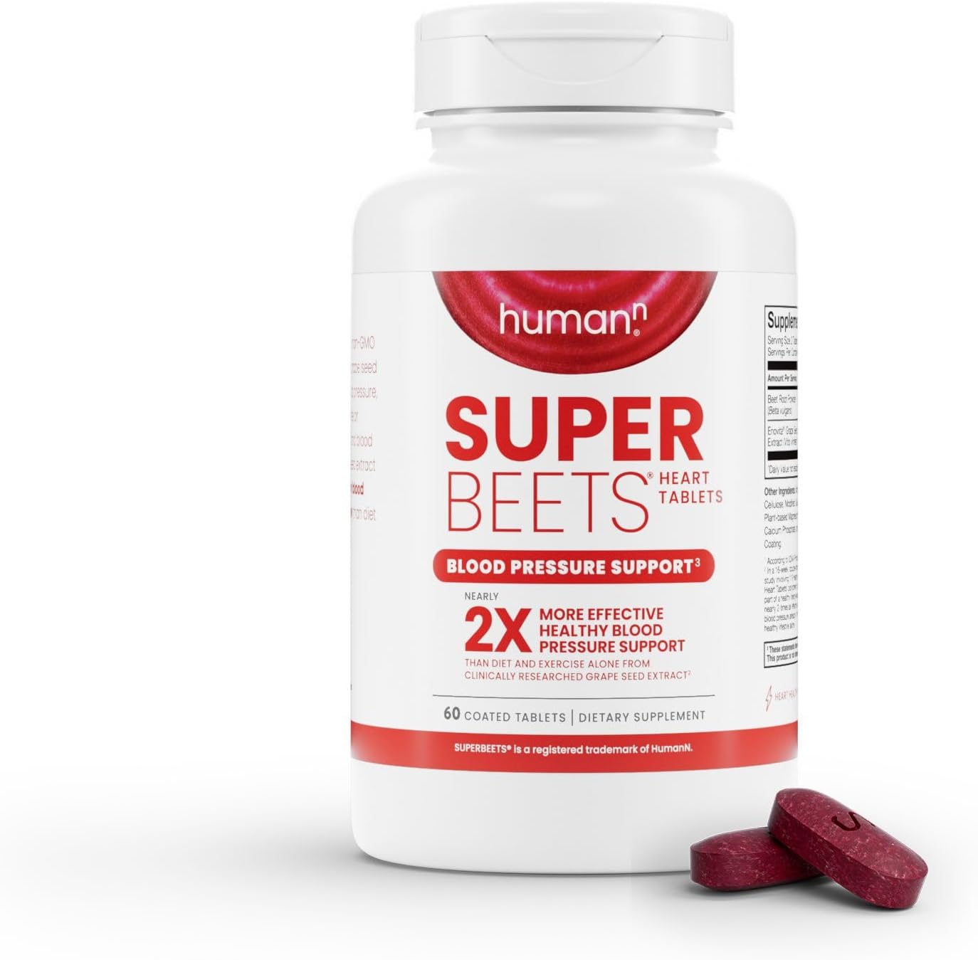 Humann SuperBeets Heart Tablets Smooth Coat 500mg - Non-GMO Powder - Clinically Studied Antioxidants, 60 Count - Image 1