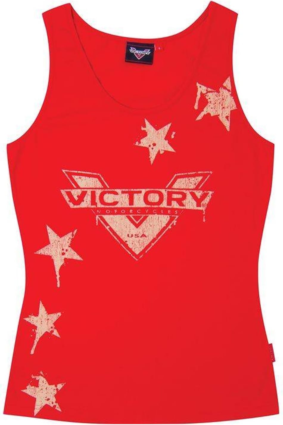 Victory Motorcycles Women's Red Star Tank Top front view featuring distressed antique logo print.