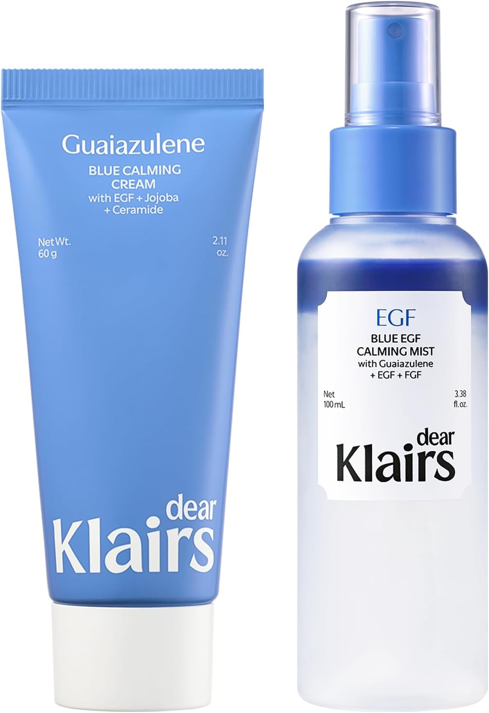 DearKlairs Blue EGF Calming Relief Duo kit packaging front view.