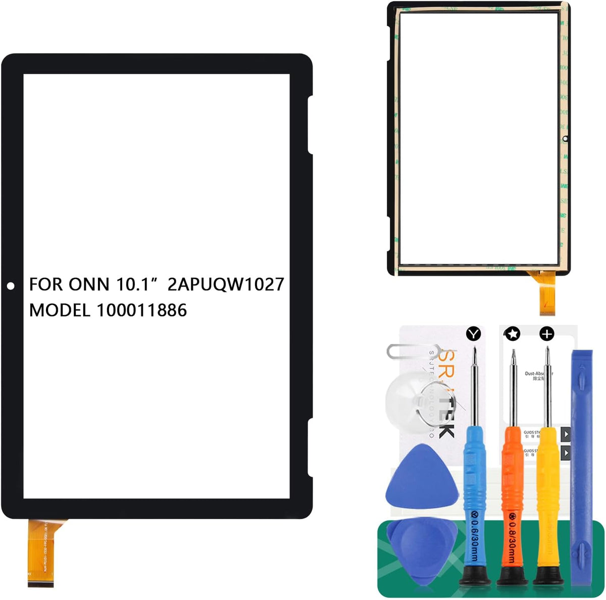 SRJTEK touch screen digitizer replacement for Onn 10.1 inch tablet front view showing black border and flex cable