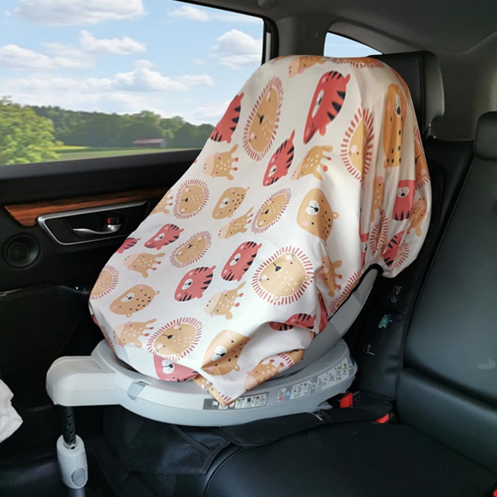 Piowet baby car seat sun shade cover front view over an infant safety seat blocking hot sunlight