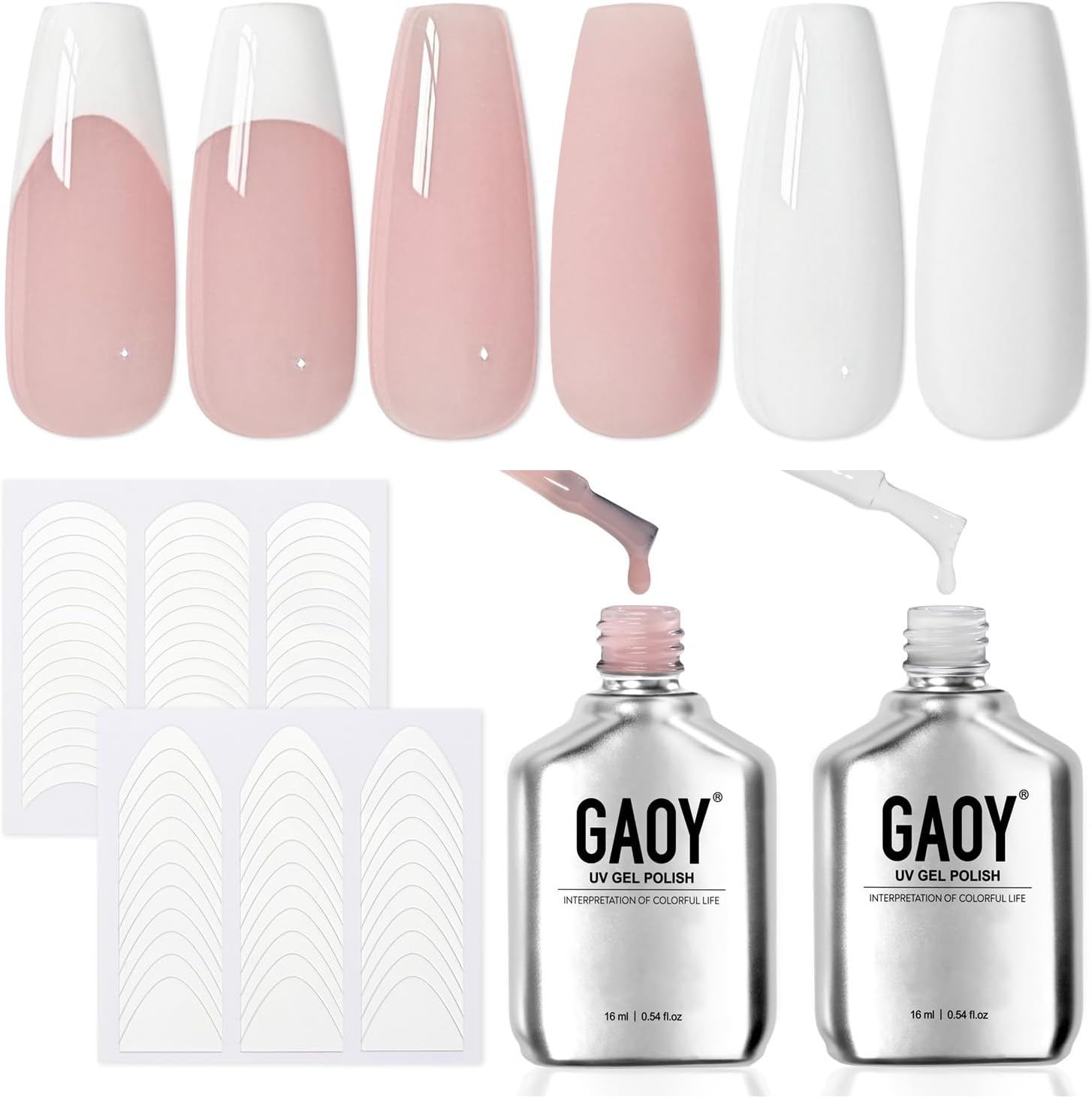 GAOY French Tip Gel Polish Set, 2Pcs Gel Nail Polish and 2 Styles Classic French Nail Art Stickers, Include Nude Jelly Pink White Colors for Manicure DIY at Home, UV Light Cure - Image 1