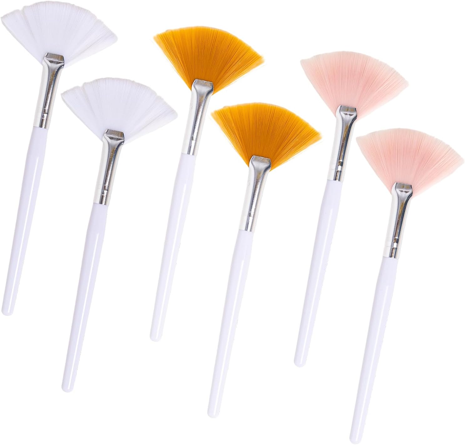 Lasenersm 6 Pieces Fan Brush Set front view showing three different bristle colors for face pack application.