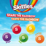 Colorful display of bite sized Skittles candies poured out from the fifty ounce party bag.