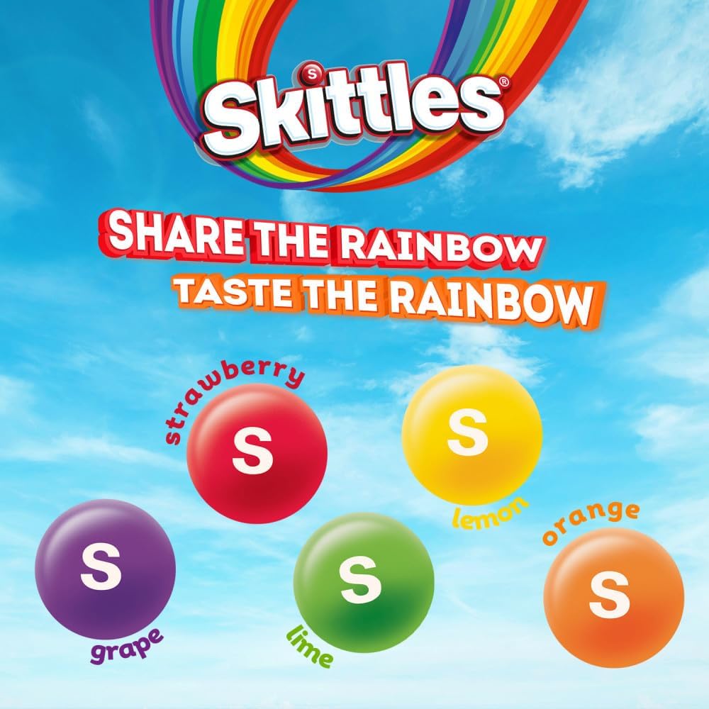 Colorful display of bite sized Skittles candies poured out from the fifty ounce party bag.