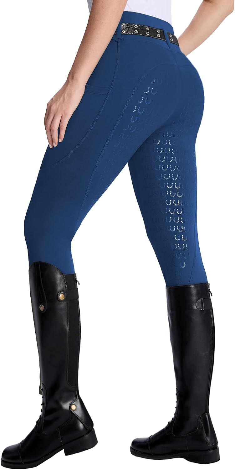 Stretchy fabric texture and ankle hem of riding pants