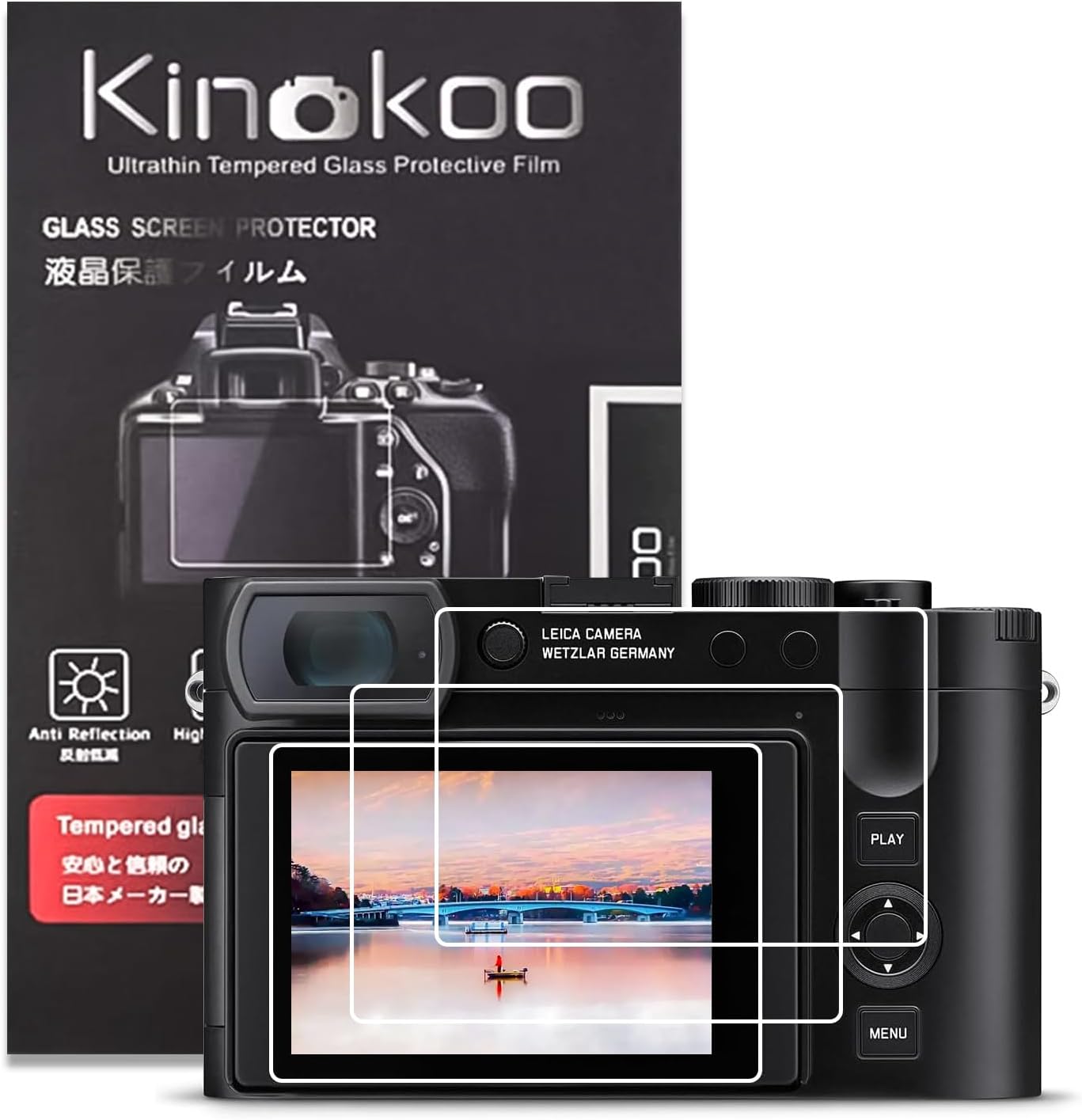 Kinokoo tempered glass screen protector for Leica Q3 front view showing camera LCD guard layout.