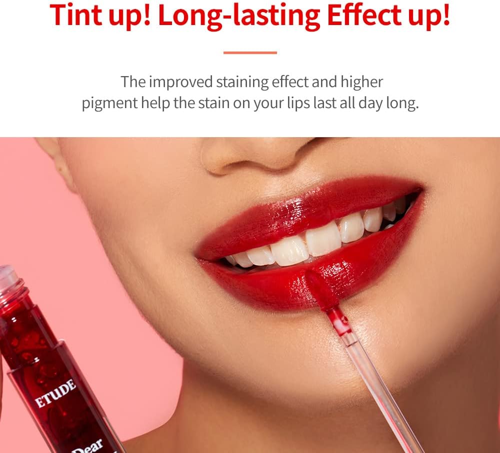 ETUDE Dear Darling tint applied as a gradient lip look on lips.