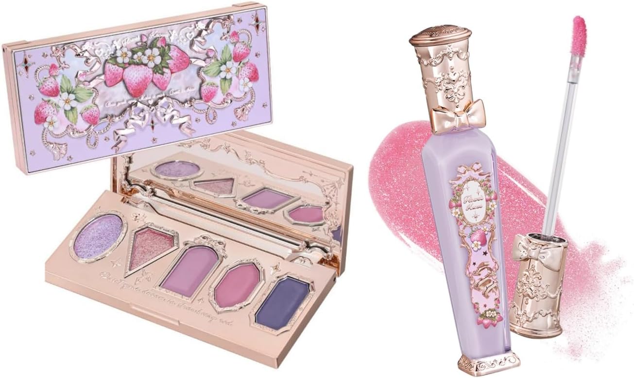 Flower Knows Violet Strawberry Rococo Eyeshadow Palette and Lip Gloss G03 Set front view showcasing ornate vintage packaging