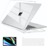 EooCoo MacBook Pro 13 inch clear protective case fitted on a laptop shown from a front perspective view.