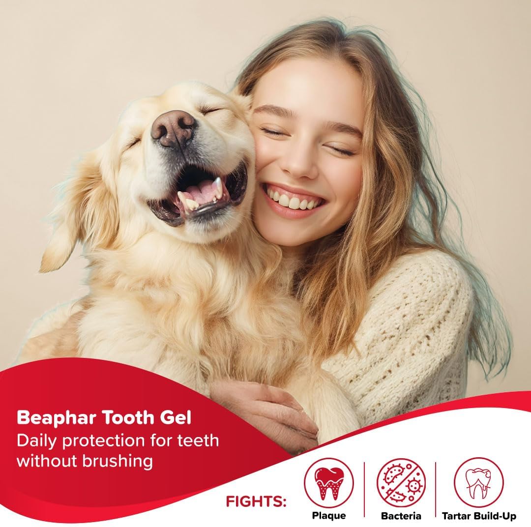 Beaphar liver flavoured dental gel packaging showing pet care benefits