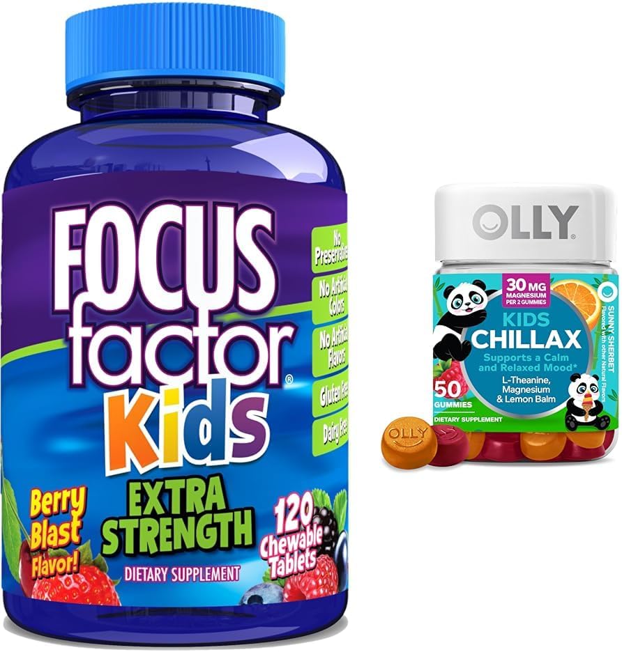 Focus Factor Kids Extra Strength Daily Chewable Brain Health Support + OLLY Kids Chillax Calm Chews, 50 Count - Image 1