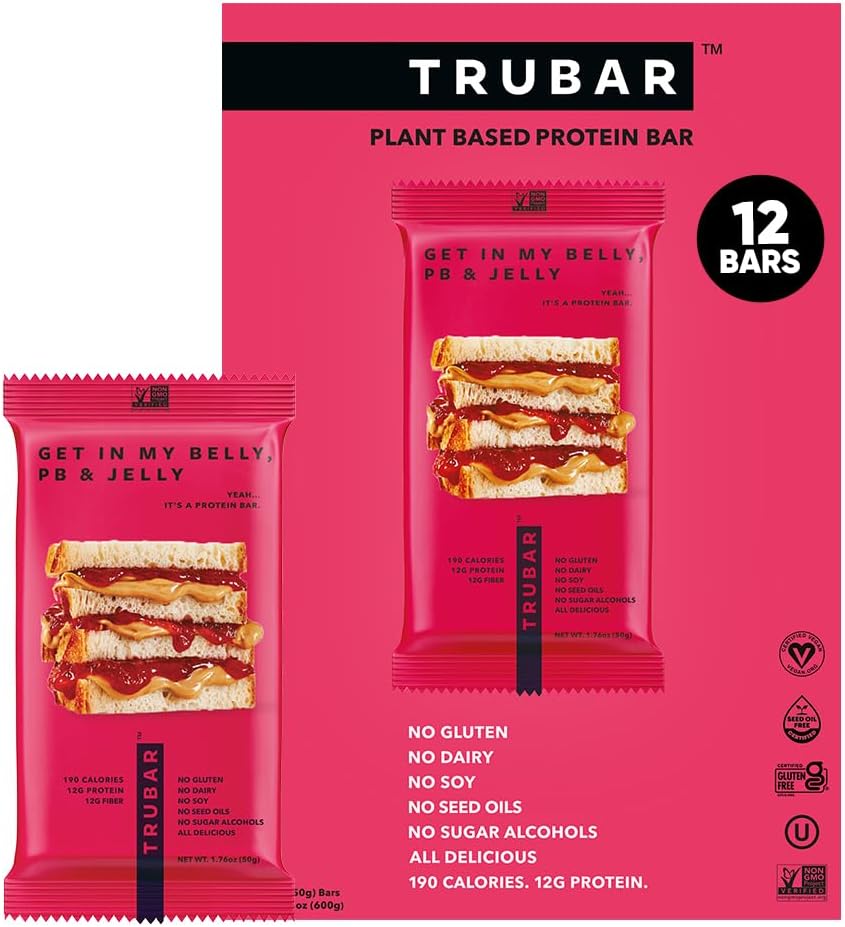 TRUBAR Vegan Protein Bar, Get In My Belly Pb & Jelly, Gluten Free, Plant Based, High Fiber, Dairy Free, Low Fat, Non GMO, No Sugar Alcohols, 12G Lean Protein, 13G Fiber, Healthy Snack Bars, 12 CT - Image 1
