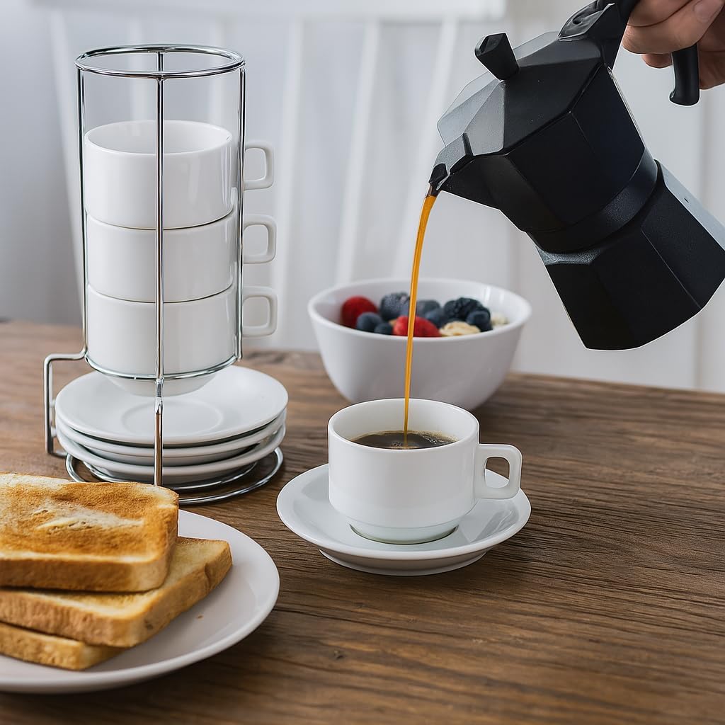 HIC Kitchen 9-piece porcelain espresso cups and saucers stacked layout