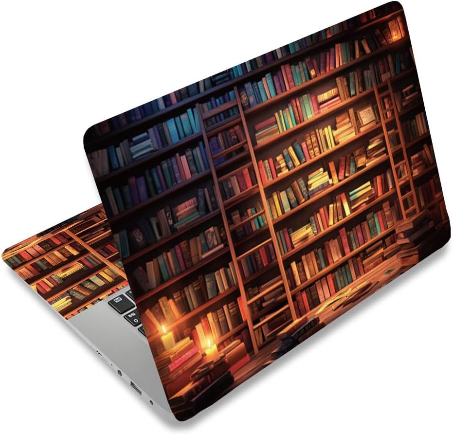 Pligreat Vintage Library Laptop Decal Skin Cover front view showing antique bookshelf design on a closed notebook lid.