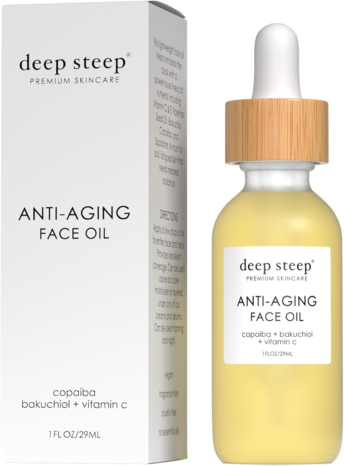 Deep Steep anti-aging face oil front view bottle with dropper cap
