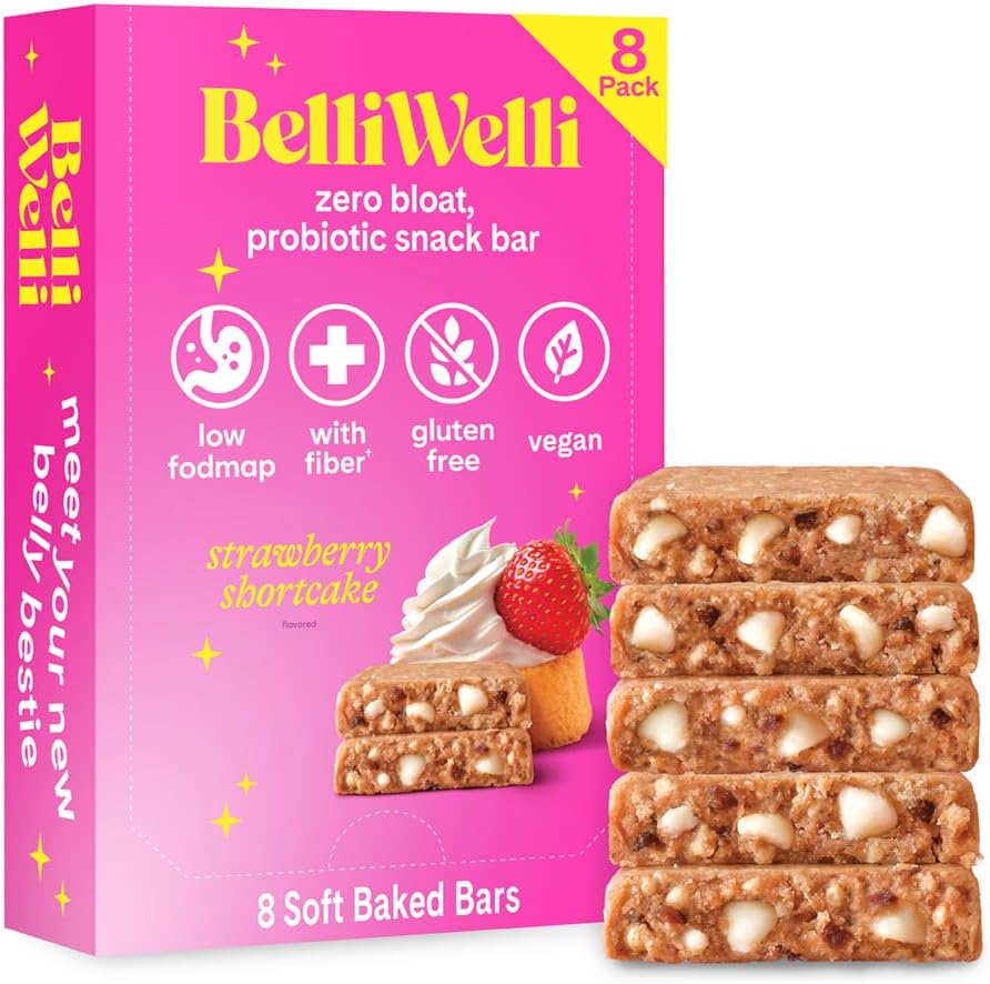 BelliWelli Strawberry Shortcake Probiotic Snack Bars front packaging view for low FODMAP gut health