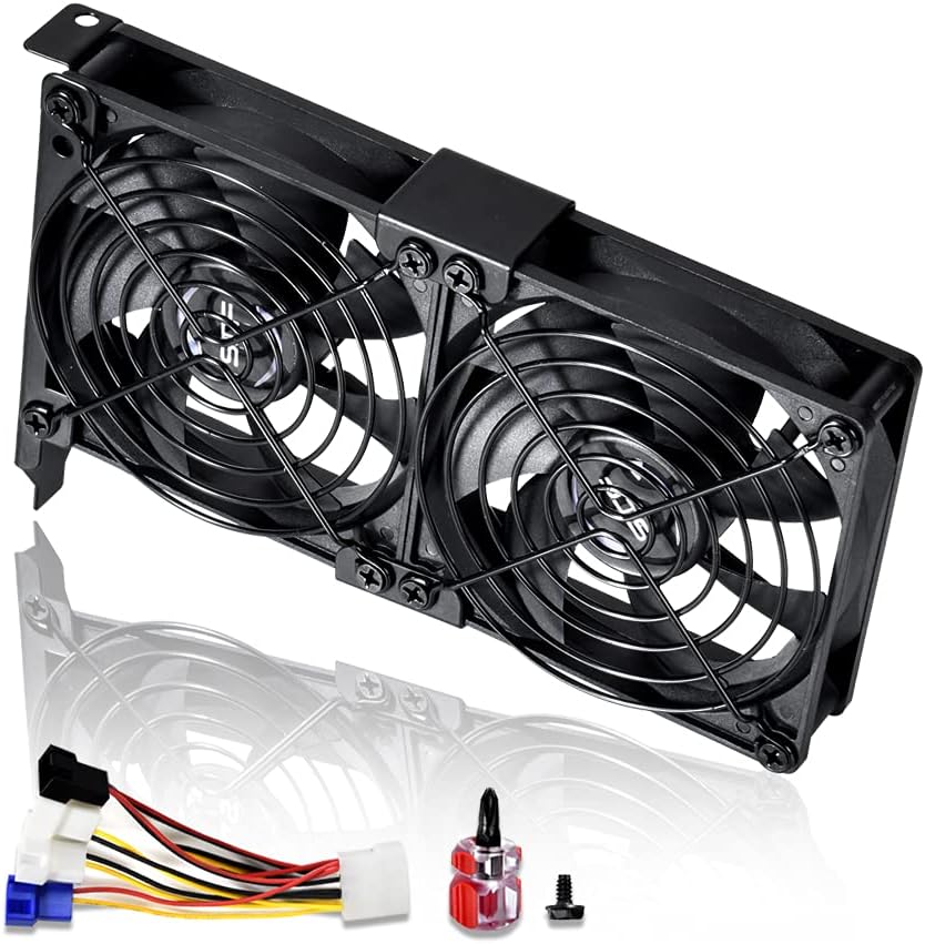SCCCF dual ninety-two millimeter graphics card cooling fans front view installed on a black PCI mounting slot bracket.