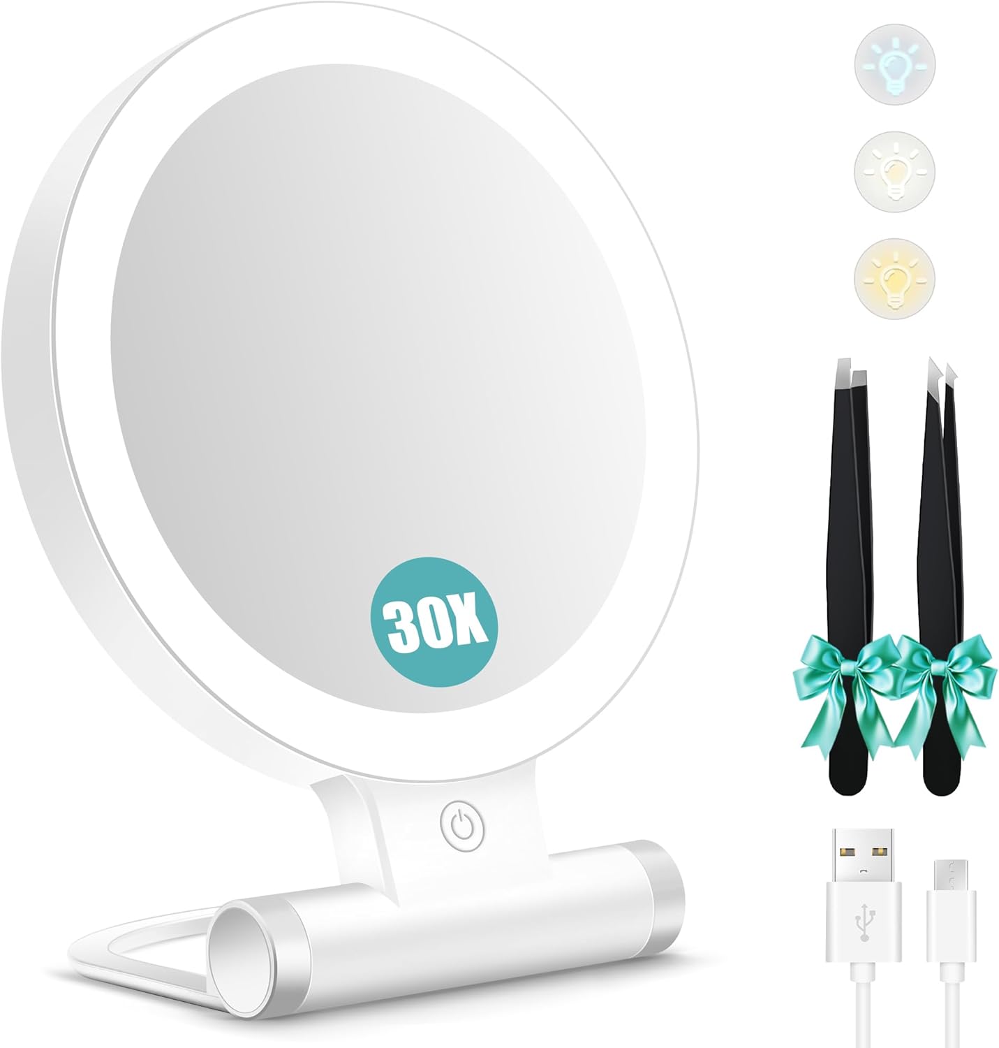 B Beauty Planet Magnifying Mirror with Light 30X, Double-Sided 1X/ 30X Magnifying Travel Makeup Mirror with Tweezer, 2000mAh 3 Colour Modes with Adjustable Brightness, Valentines Day Gift for Women - Image 1