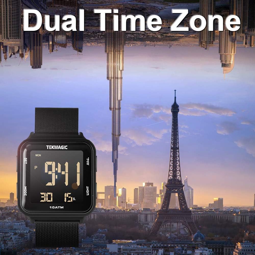 Tekmagic digital sports watch backlit screen in dark