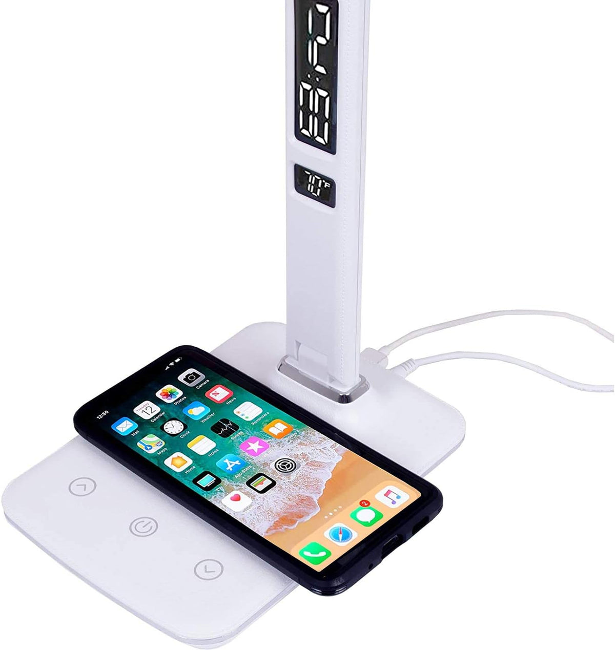 Theralite sun lamp showing digital clock and wireless charging base