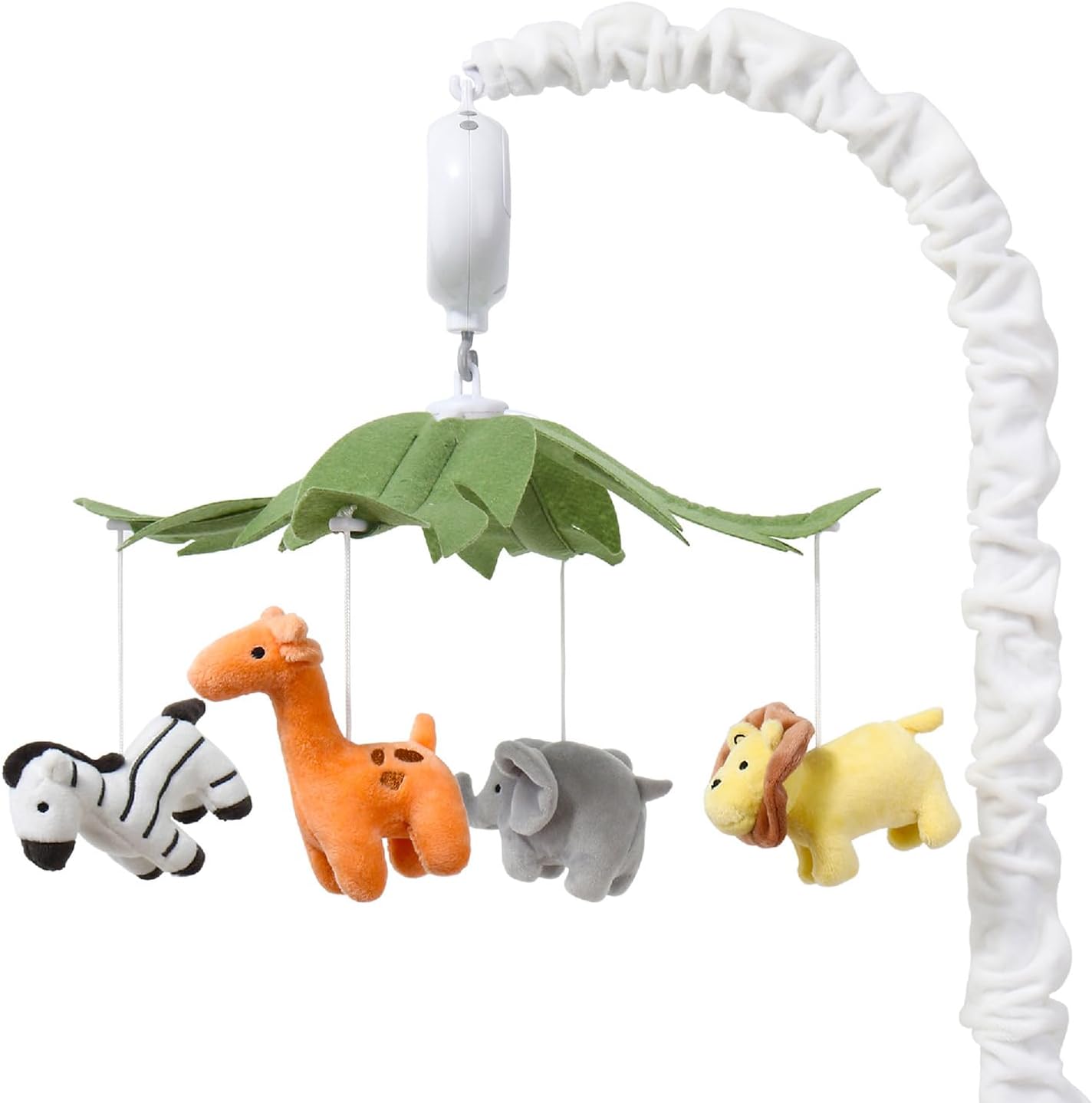 The Peanutshell Safari Animals Musical Crib Mobile front view hanging over a white baby crib