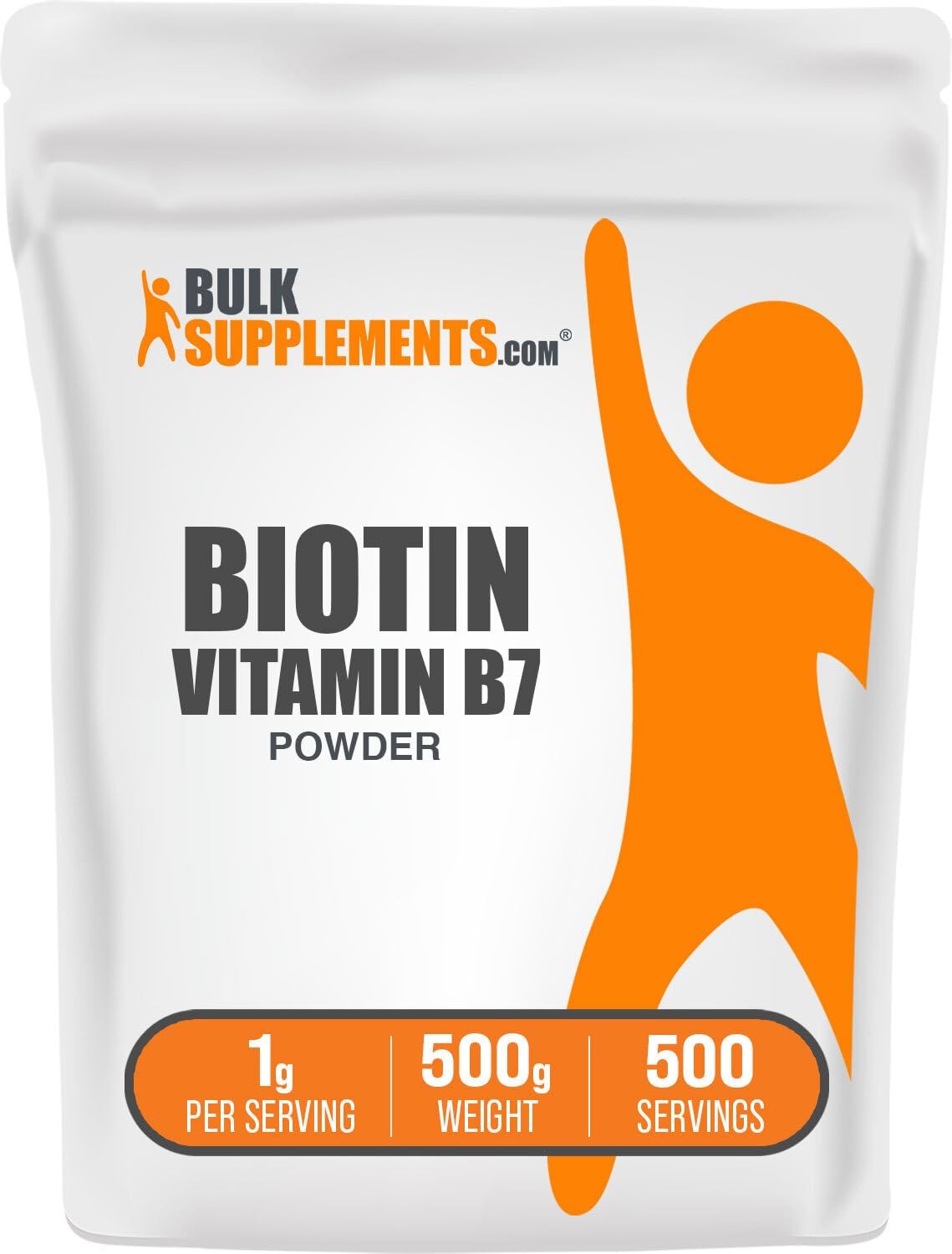 BulkSupplements biotin powder pouch next to a measuring spoon for accurate dose