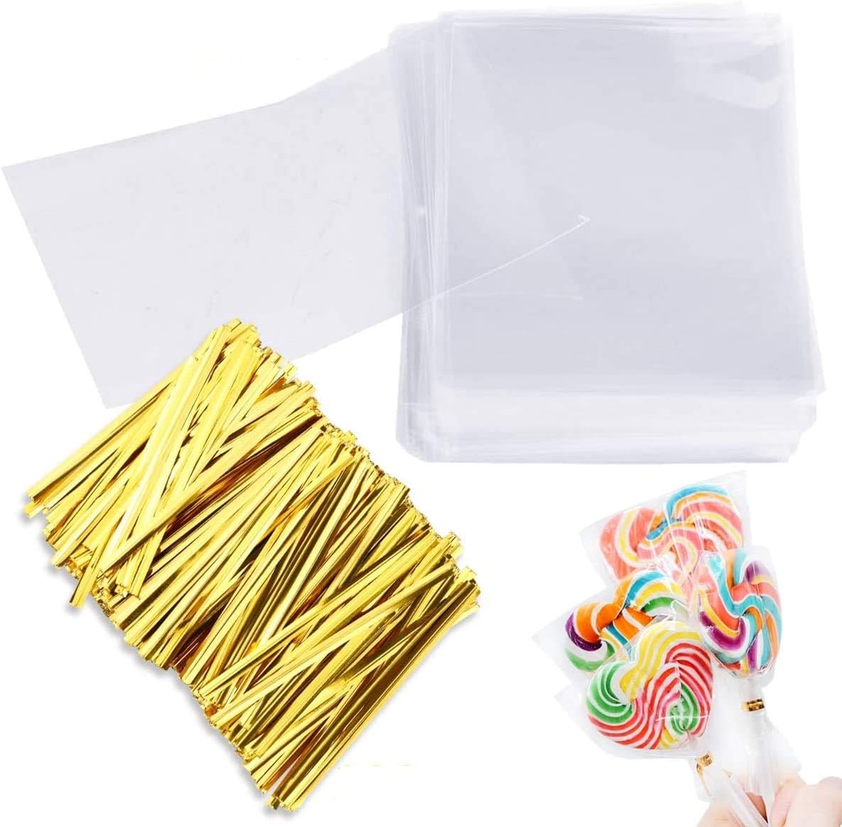 Augshy cake pop bags packaging set front view showing clear plastic bags and gold ties