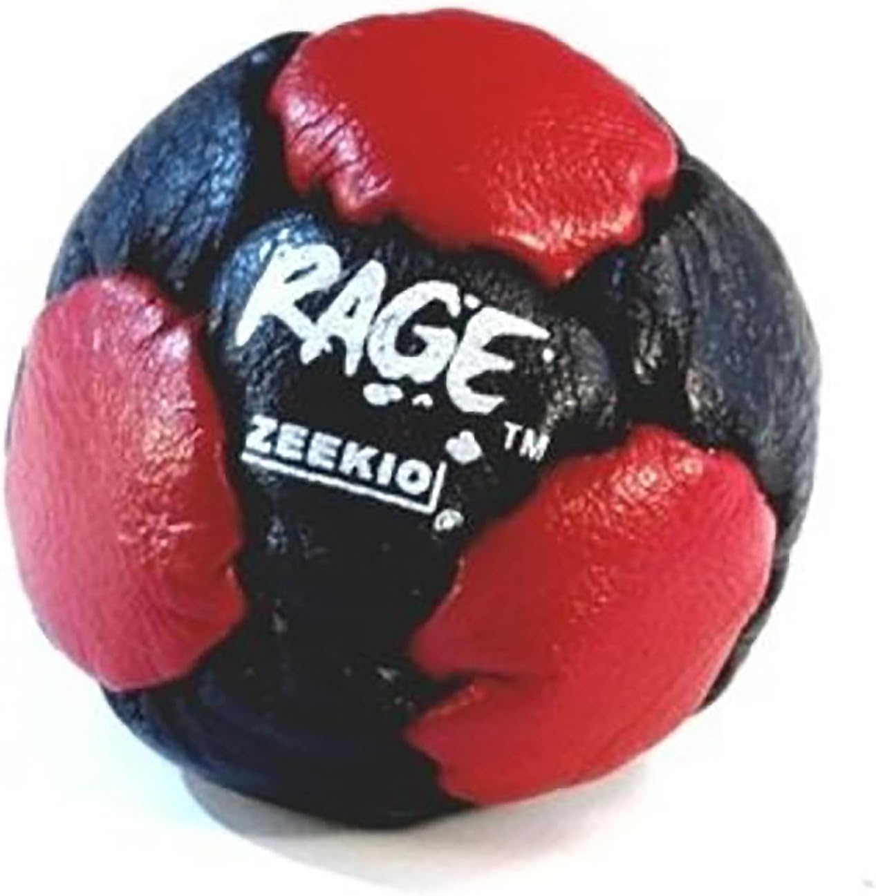 Zeekio The Rage 14 panel genuine leather footbag front view showing black and red panels