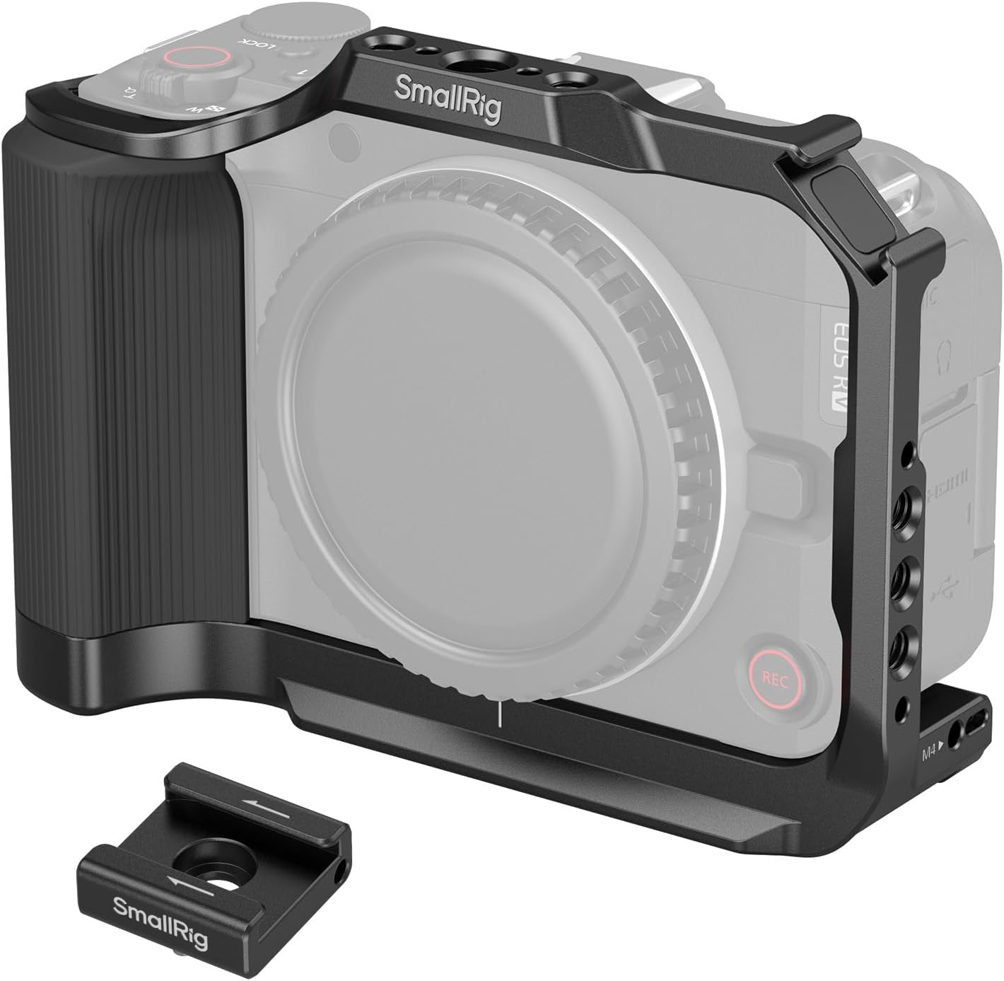 SmallRig R50 V Camera Cage front view highlighting the black aluminum frame and built-in ergonomic silicone grip for content creators.