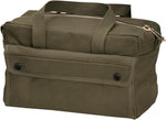 Rothco mechanics tool bag front view showing olive drab canvas and brass zipper.