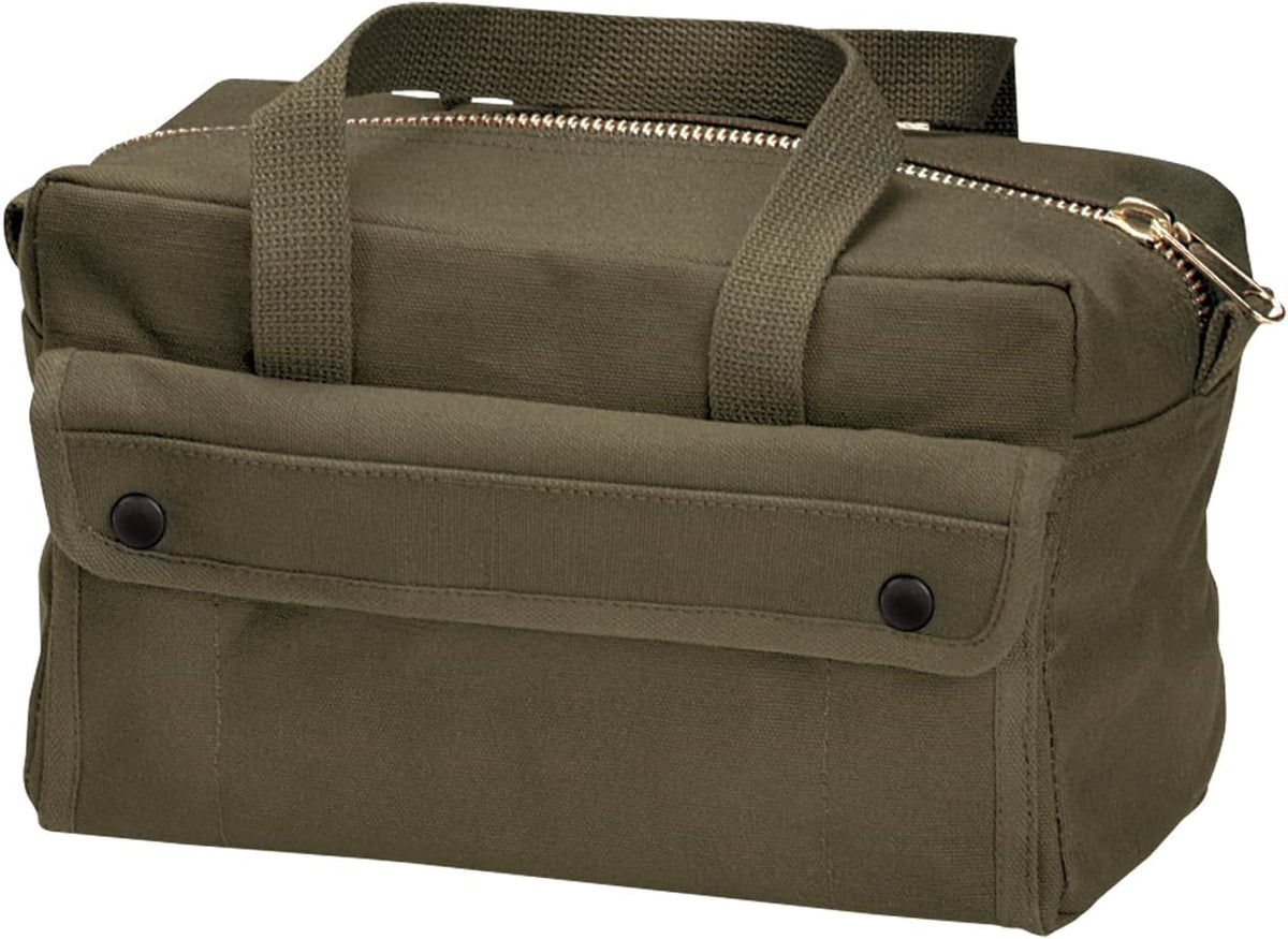 Rothco mechanics tool bag front view showing olive drab canvas and brass zipper.
