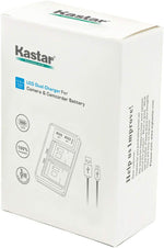 Kastar battery and charger bundle displayed alongside a compatible Lumix camera