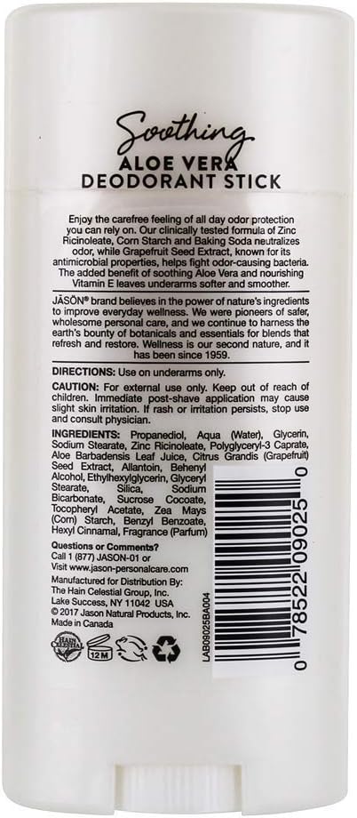 Jason Aloe Vera Deodorant Stick packaging and label details